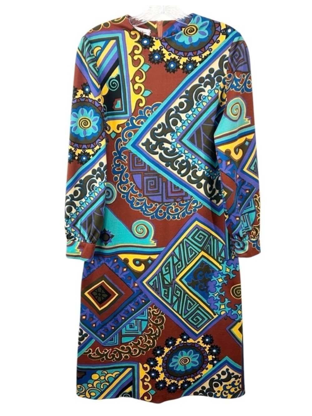 Vintage Dalton Brown Blue Geometric Print 70s Poly Knit Long Sleeve Midi Dress M